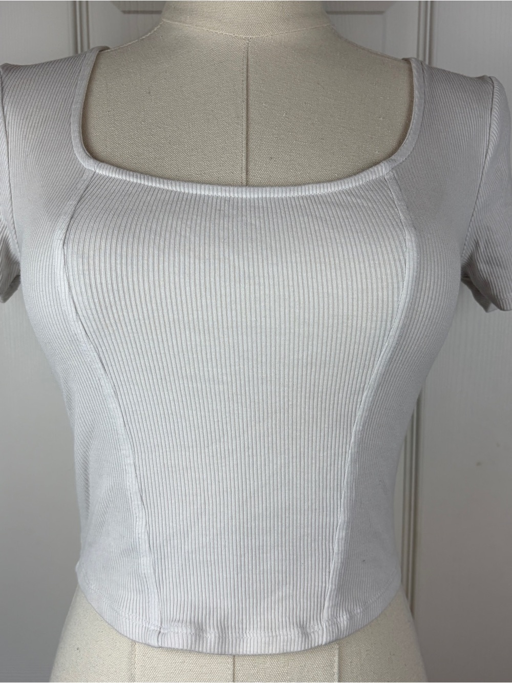 White Ribbed Square Neck Women's Top
